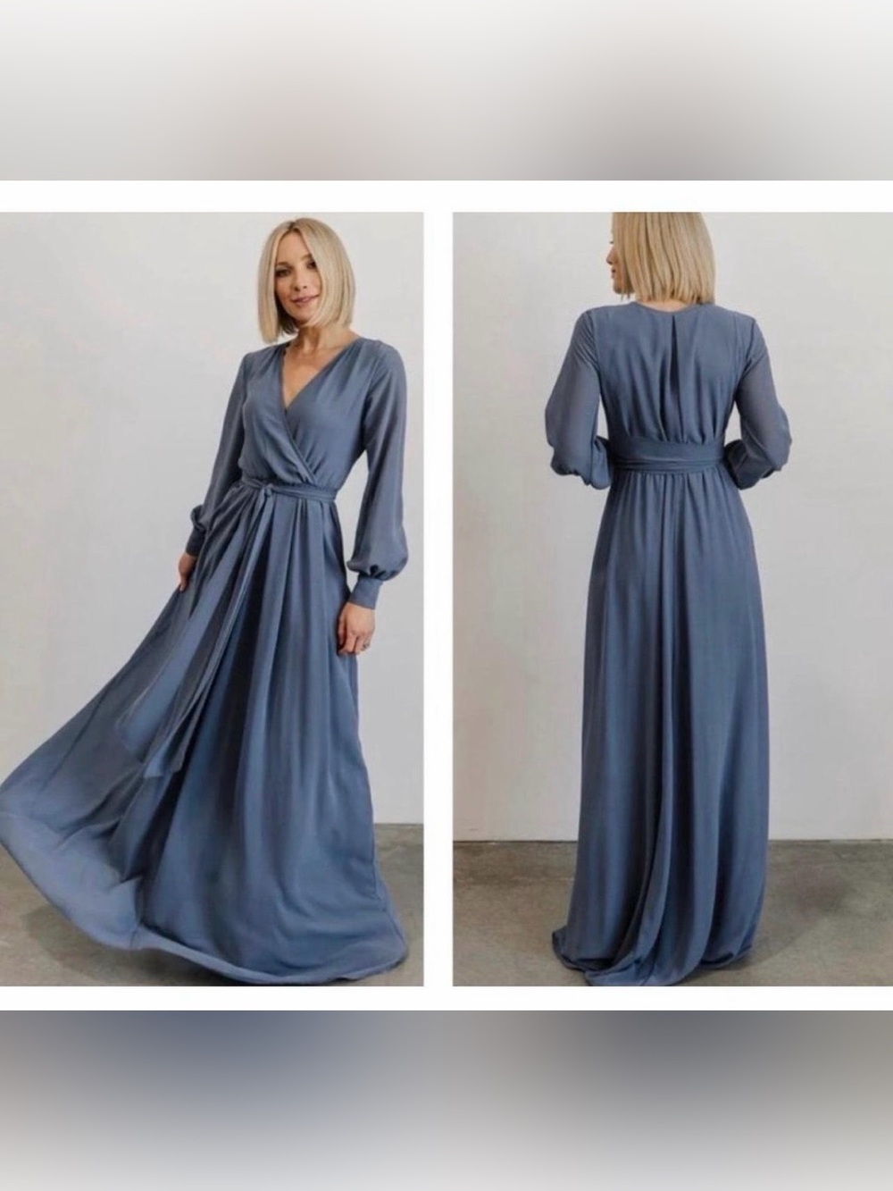 Baltic Born Dusty Slate Blue Wrap Maxi Dress with Long Sleeves